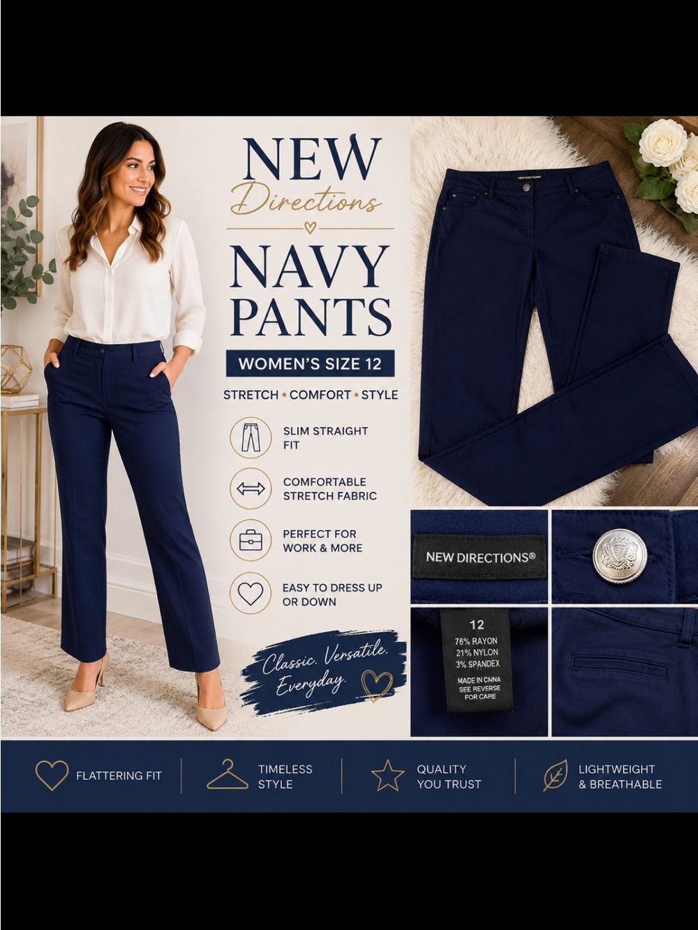 new directions Navy Straight-Leg Women's Pants